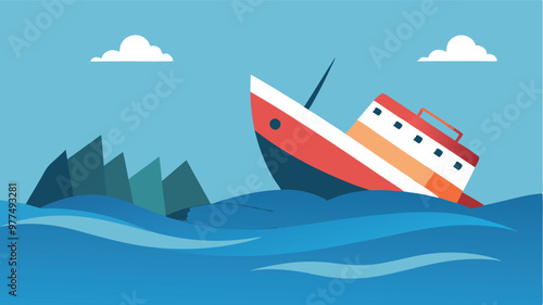 A boat accident sinking in the sea, dangers and risks of maritime travel for marine safety, emergency response, and oceanic disasters.