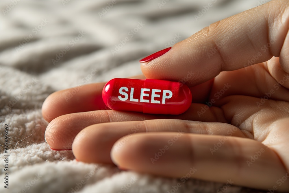 A hand delicately holds a vibrant red mini pill labeled sleep, symbolizing restful nights and peaceful dreams in a serene setting A hand delicately holds a vibrant red mini pill labeled sleep, symbolizing restful nights and peaceful dreams in a serene setting