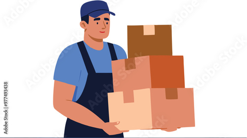 The delivery man holds parcels of shipment online for logistics, courier services, and express delivery