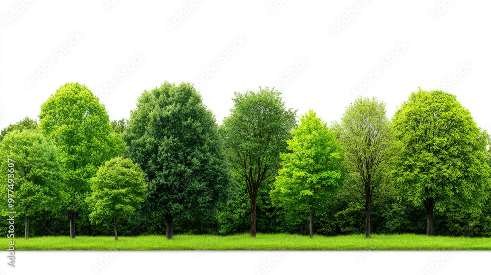 Fototapeta premium Green Tree Border with Grass Isolated on White Background