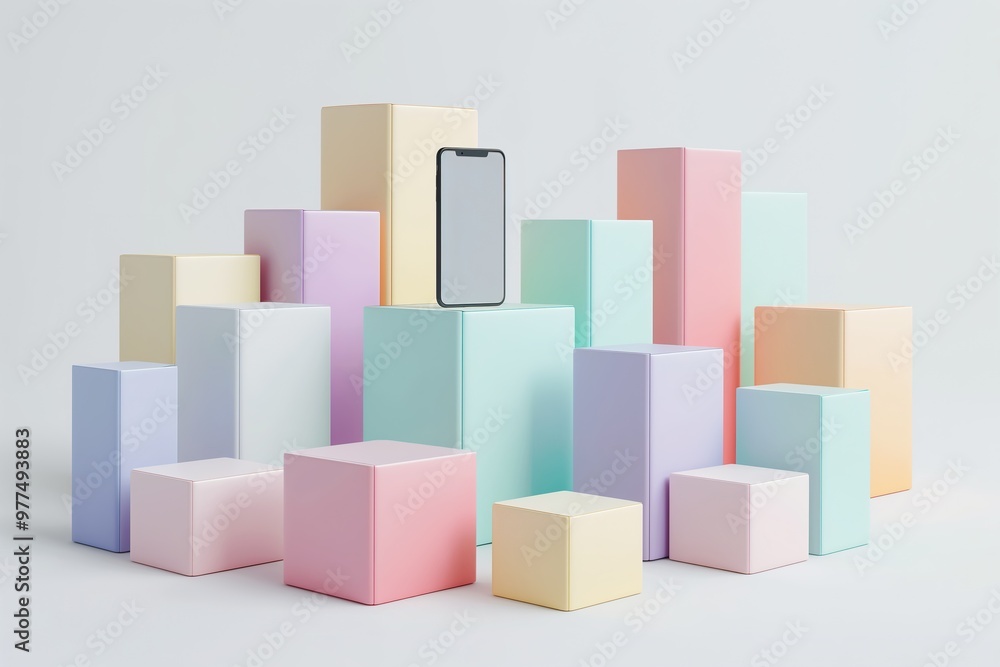 Soft pastel blocks set a calm scene, showcasing a sleek smartphone in an artistic, tranquil arrangement. Soft pastel blocks set a calm scene, showcasing a sleek smartphone in an artistic, tranquil arrangement.