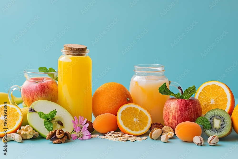 A vibrant display of citrus fruits, apples, and juices highlights their health benefits and bright colors. A vibrant display of citrus fruits, apples, and juices highlights their health benefits and bright colors.