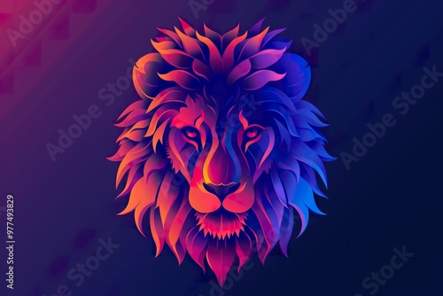 A striking illustration of a lion\'s head with vibrant colors and intricate details, set against a dark backdrop photo