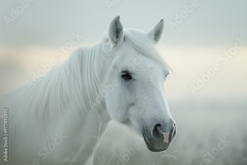 A majestic white horse gazes thoughtfully in a soft, misty meadow at dawn, capturing the essence of peace and natural elegance.