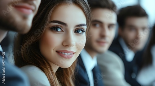 Close-up Portrait of a Woman Smiling with Two Men Blurred in the Background