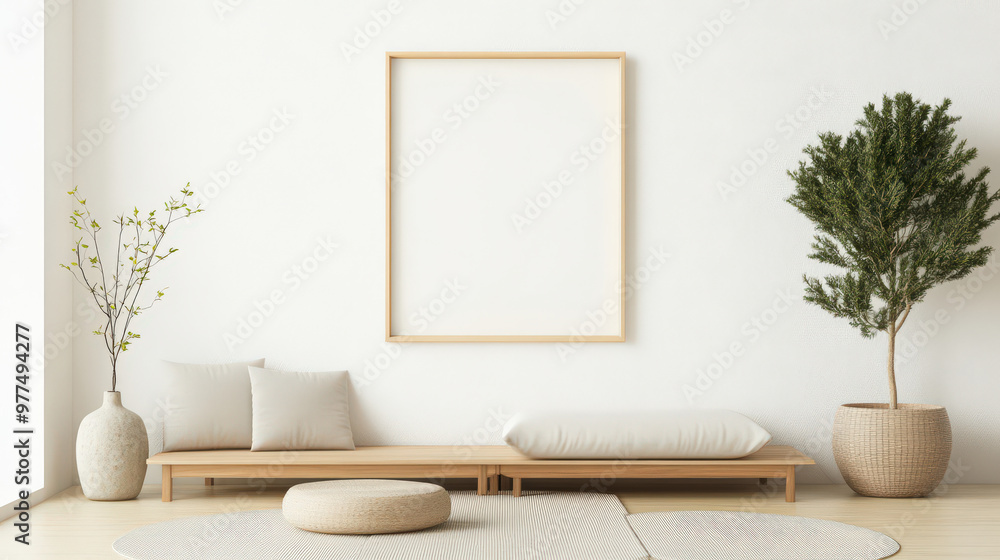 Minimalist Living Room with Wooden Bench and Empty Frame Minimalist Living Room with Wooden Bench and Empty Frame