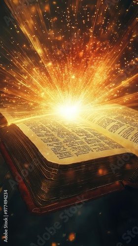 Artistic rendering of a Bible with radiant beams of light shooting out, symbolizing divine truth