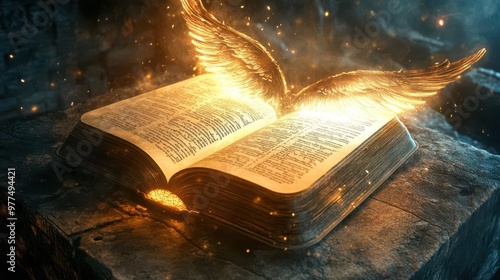 Artistic rendering of a Bible with wings, glowing light symbolizing the Word spreading across the world