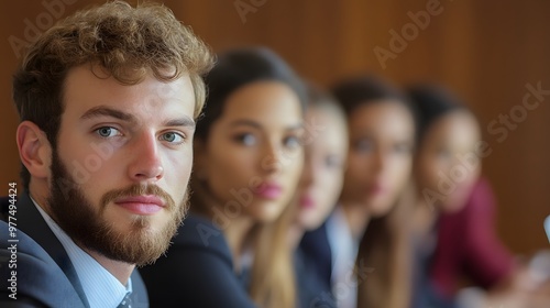 Close-up portrait of a young man with a beard, looking directly at the camera, with blurred figures in the background.