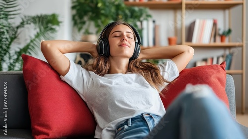 A serene scene of a woman lounging indoors with headphones on, embodying relaxation and mindfulness amidst a cozy environment, away from the bustle of life. photo