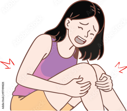 Accident woman pained hurt knee with anxiety and leg injury for accidents and physical recovery concept