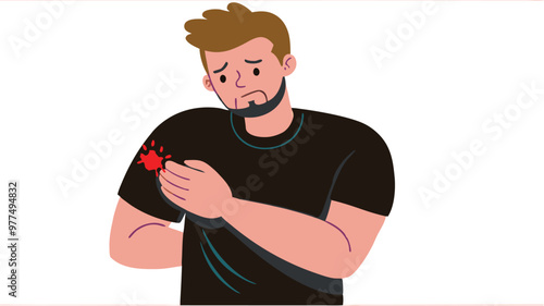A man's pain with an injured arm looks worried and concerned with physical injuries. Ideal for health, accidents, recovery