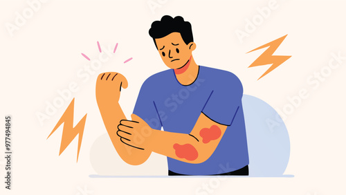 The accident man hurt with an injured arm looks worried and concerned with physical injuries