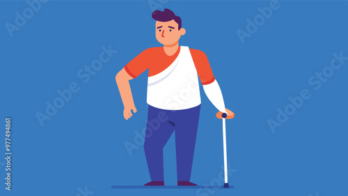 Accident insurance of man with an injured arm in a cast holds a cane for support for concept injury, physical rehabilitation, and  medical assistance