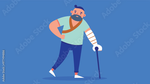 Accident insurance of a patient with an injured arm in a cast holds a cane for support at hospital for concept injury, physical rehabilitation