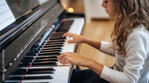 A child in a white shirt plays piano inside a cozy room with music sheets on the stand, focusing on the keys with natural light streaming in.