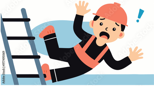 Engineer or construction worker accident at work frightened while falling from a ladder of safety, occupational hazards, and precaution on construction sites