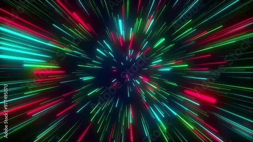 Abstract tunnel of a multicolor spectrum Neon line background. Bright rays of neon light and colorful glowing lines moving speed through the dark. photo