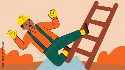 Engineer or construction worker accident at work falling from a ladder of safety, occupational hazards, and precaution on construction sites