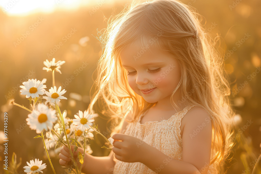 Fototapeta premium Little Girl Holding Daisies in Summer Meadow