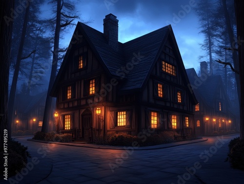 Mysterious house illuminated at night, surrounded by tall trees under a dark blue sky, evoking a sense of enchantment and intrigue.