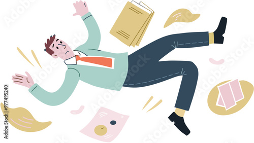 Businessman slips and falls in an accident at work with documents scattered on the floor in an accident insurance concept