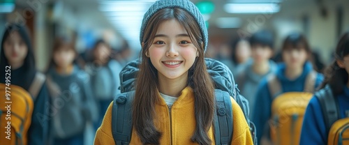 Young Woman Smiling with Backpack in a Crowded Hallway