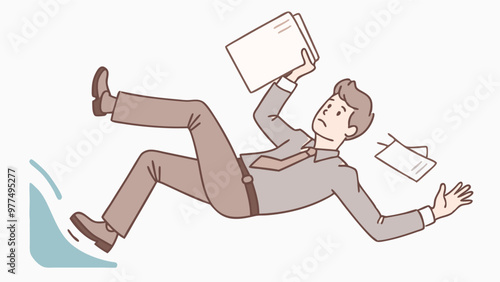 Businessman slips and falls in an accident at work with documents scattered on the floor in an accident insurance concept