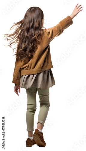 Young girl walking forward waving hand footwear looking shoe.