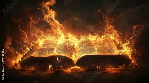 Dramatic depiction of a Bible surrounded by flames, symbolizing the power and passion of the Word