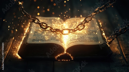 Dramatic image of a Bible with chains falling off, glowing light symbolizing the freedom found in the Word of God