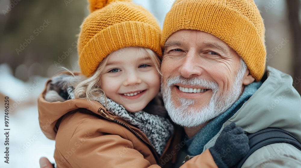 A joyful elderly man in a winter hat holds his smiling granddaughter in a similar hat, both dressed warmly, showcasing loving family bonds in a winter setting. A joyful elderly man in a winter hat holds his smiling granddaughter in a similar hat, both dressed warmly, showcasing loving family bonds in a winter setting.