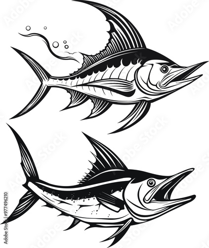 Black and white Detailed Hand Drawn Sword Fish vector Illustrations.