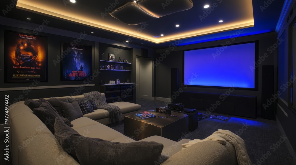 Contemporary Style Basement Home Theater Featuring a Sleek Large Sectional Sofa, Wall-Mounted Flat-Screen TV, Built-In Surround Sound System, Dark Soundproofed Walls, Ambient LED Ceiling Lighting, Mod Contemporary Style Basement Home Theater Featuring a Sleek Large Sectional Sofa, Wall-Mounted Flat-Screen TV, Built-In Surround Sound System, Dark Soundproofed Walls, Ambient LED Ceiling Lighting, Mod
