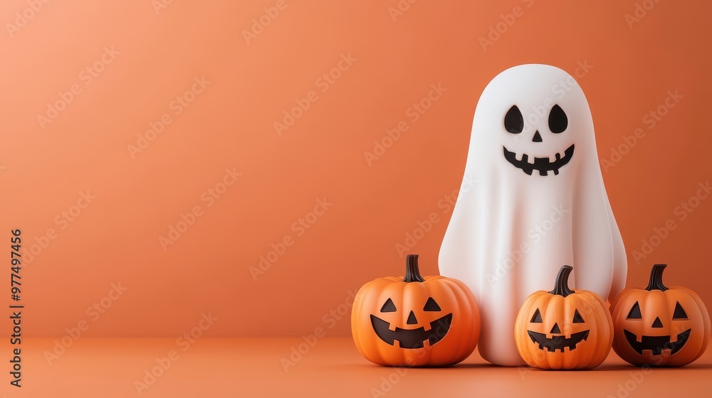 A cheerful ghost standing beside three playful pumpkins, perfect for Halloween themes and festive decorations. A cheerful ghost standing beside three playful pumpkins, perfect for Halloween themes and festive decorations.