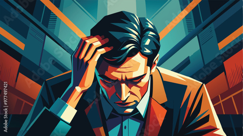 Businessman has problems and headache pain with pressure upset depression from work