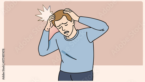 Man sick has migraine headache pain, clutching his head in discomfort or tension stress