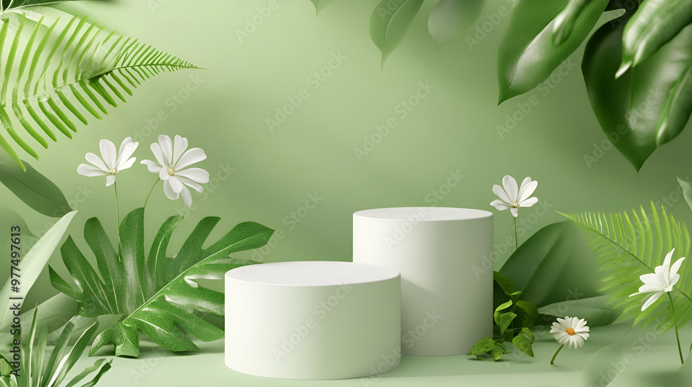 White product podium and tropical palm leaves shadow on green background,3D podium product display presentation features sandstone and plants for a minimalist,Cylinder podium for product demonstration White product podium and tropical palm leaves shadow on green background,3D podium product display presentation features sandstone and plants for a minimalist,Cylinder podium for product demonstration