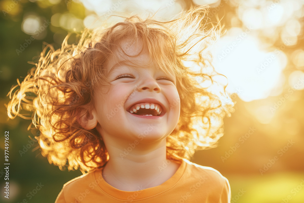 A joyful child with curly hair laughing in the sunlight, radiating happiness and freedom A joyful child with curly hair laughing in the sunlight, radiating happiness and freedom