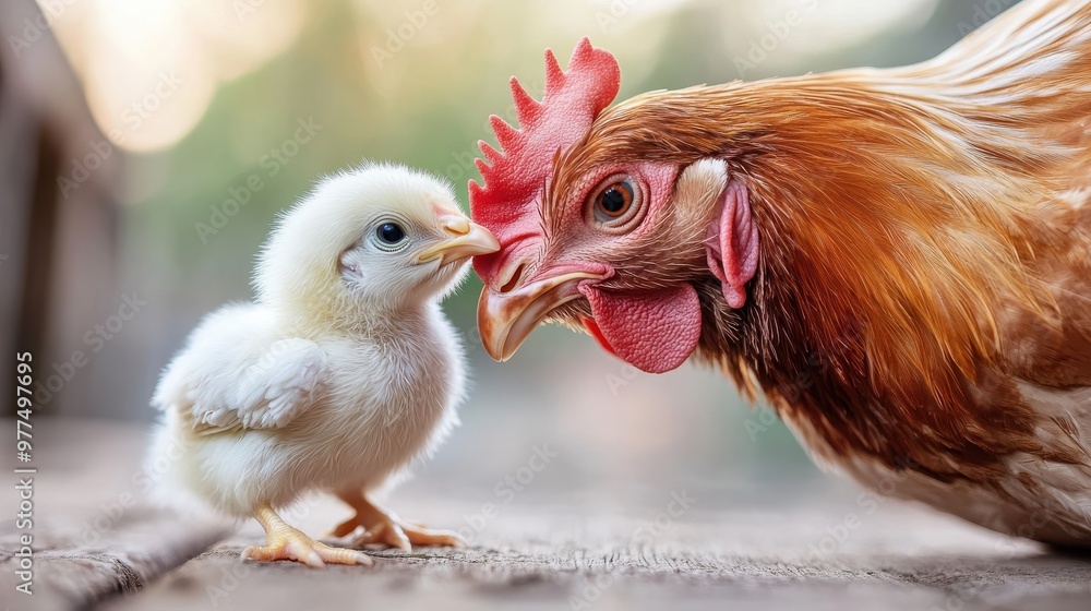 Fototapeta premium A tender moment captured between a mother hen and her adorable chick, highlighting nurturing and maternal bonds in the animal kingdom with soft sunlight filtering through.