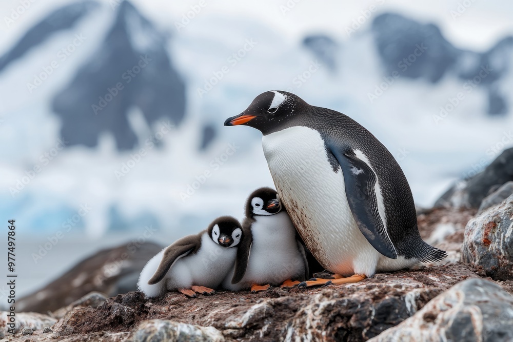Obraz premium A charming scene of a penguin family resting on rocky terrain. The parent penguin stands protectively over two fluffy chicks. A beautiful moment captured in nature. Generative AI