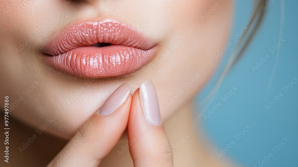 Obraz premium This close-up image shows glossy, well-defined lips with a delicate finger touching the lower lip, capturing the allure of beauty, sensuality, and meticulous grooming.