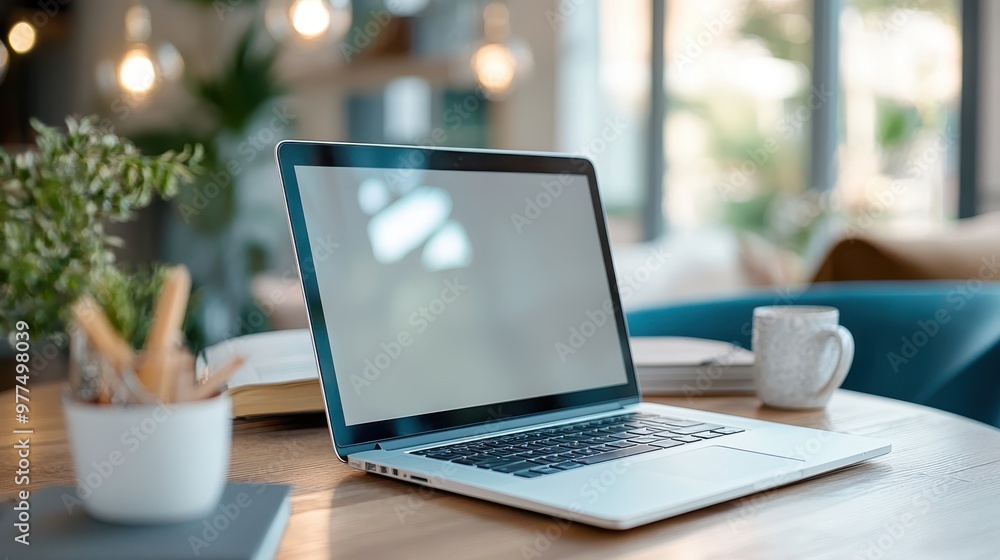 A sleek laptop sits open on a wooden desk, surrounded by a small plant, a cup of coffee, and books, in a cozy, sunlit, and modern home workspace. A sleek laptop sits open on a wooden desk, surrounded by a small plant, a cup of coffee, and books, in a cozy, sunlit, and modern home workspace.