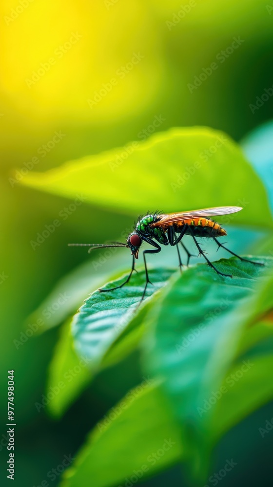 Close-up of a colorful insect perched on a vibrant green leaf, highlighting nature's beauty in a serene environment. Close-up of a colorful insect perched on a vibrant green leaf, highlighting nature's beauty in a serene environment.