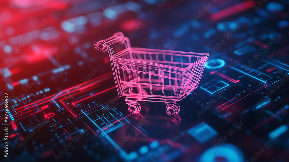 Futuristic Shopping Cart Icon in Red and Blue Holographic Style Futuristic Shopping Cart Icon in Red and Blue Holographic Style
