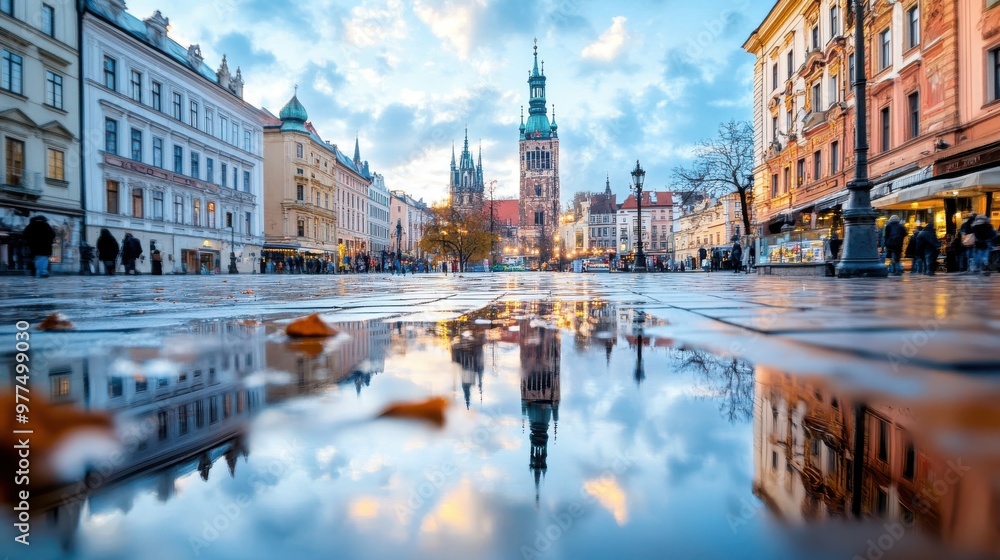 Fototapeta premium A European city square featuring beautiful historic buildings and a church tower is captured at dawn, with the wet pavement creating mesmerizing reflections of the scenery.