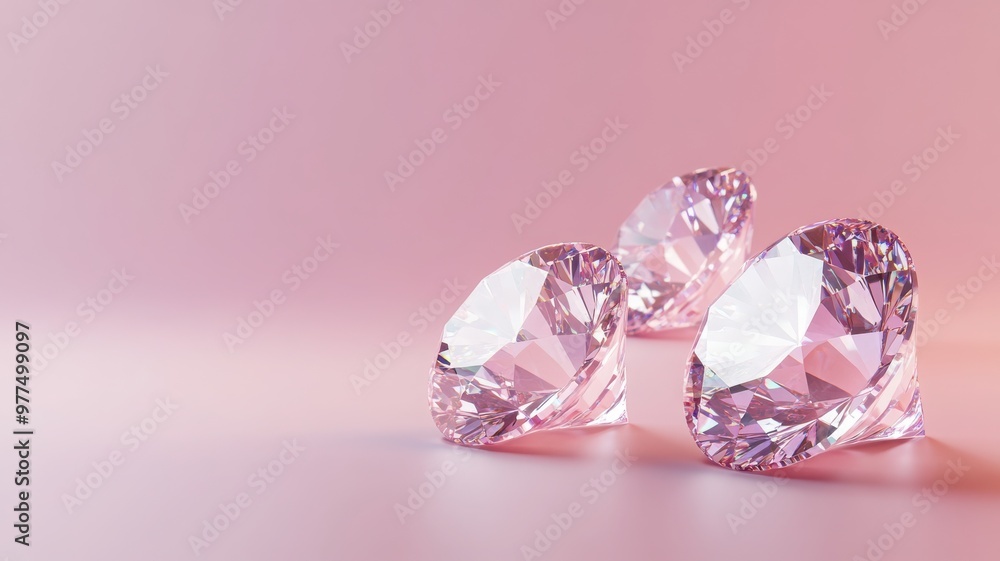 Three elegant pink diamonds sparkle against a soft pink background, showcasing their beauty and brilliance. Three elegant pink diamonds sparkle against a soft pink background, showcasing their beauty and brilliance.