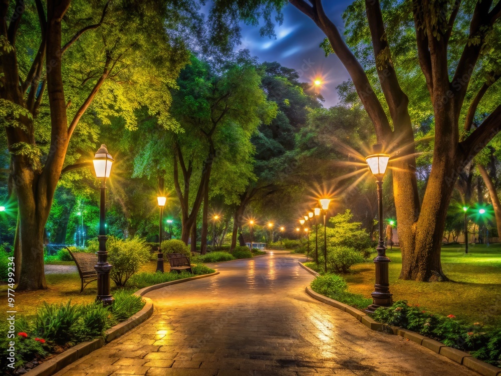 Serene urban landscape of a nocturnal park, illuminated by soft streetlights, featuring lush greenery, majestic trees, and a tranquil atmosphere of darkness and peacefulness. Serene urban landscape of a nocturnal park, illuminated by soft streetlights, featuring lush greenery, majestic trees, and a tranquil atmosphere of darkness and peacefulness.