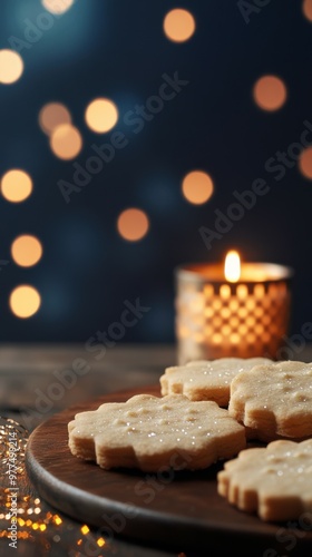 Shortbread cookies in Christmas shapes, sitting on a wooden table with a deep navy background and shimmering candlelight, copy space, Merry Christmas background, holiday cookie promo, festive