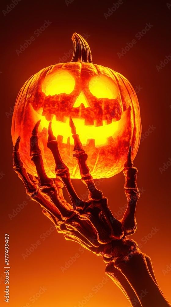Skeleton hand holding a glowing pumpkin, set on a deep orange-to-black gradient background, creating a spooky focal point. Copy space, happy Halloween special background. Skeleton hand holding a glowing pumpkin, set on a deep orange-to-black gradient background, creating a spooky focal point. Copy space, happy Halloween special background.